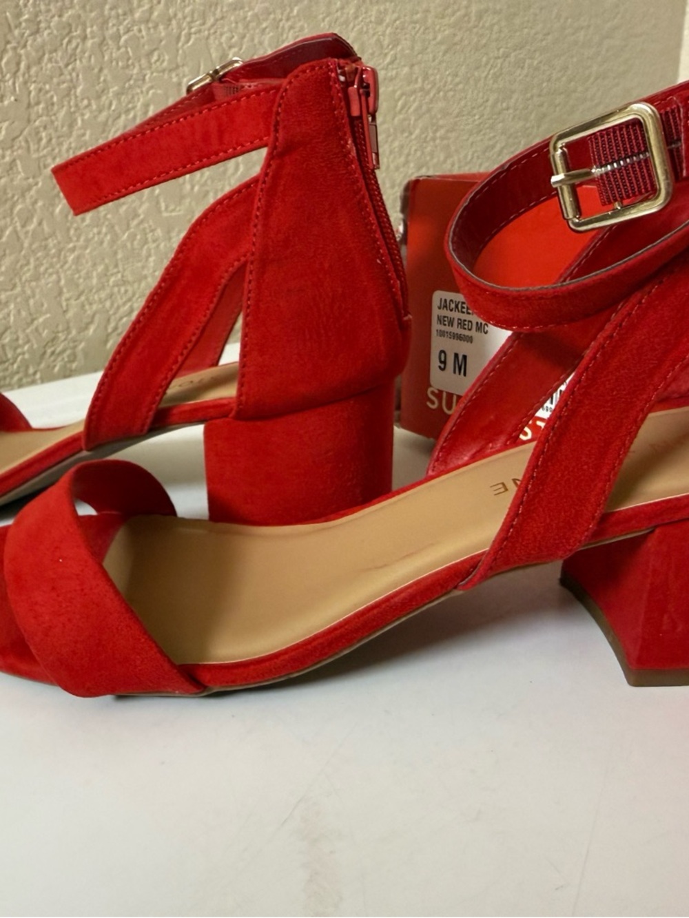 Sun + Stone Red Suede Block Heel Sandals - Picture 4 of 9